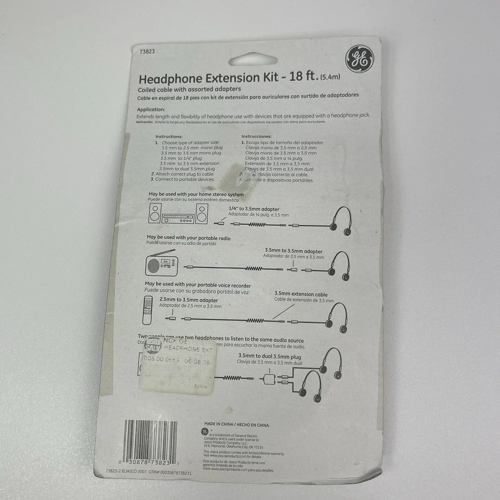 GE Headphone Extension Kit Cable Adapters 18 Feet Unopened In Package